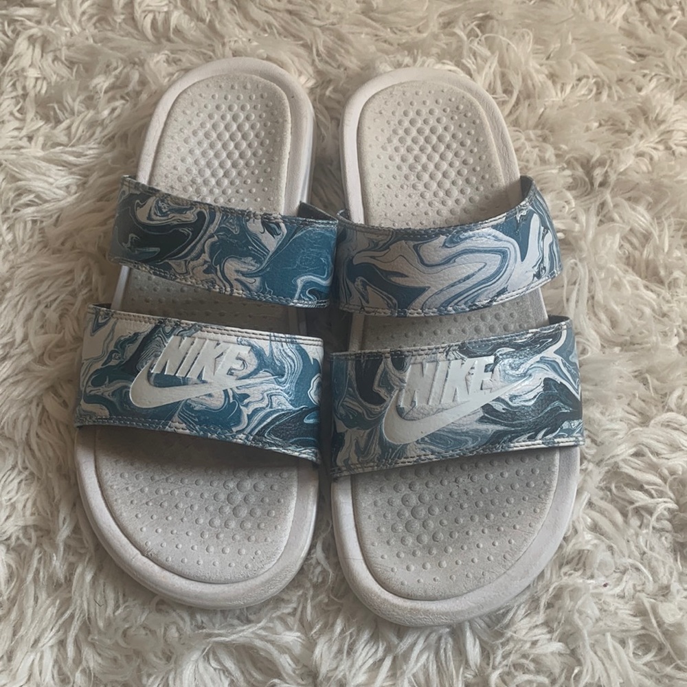 Blue and White Nike Slides